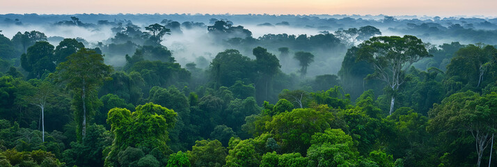 Misty tropical rainforest canopy at sunrise with lush greenery and dense fog