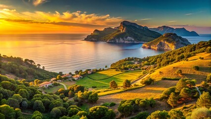 Fototapeta premium Minimalist Mallorca Landscape Panorama: Serene Hills and Coastal Views
