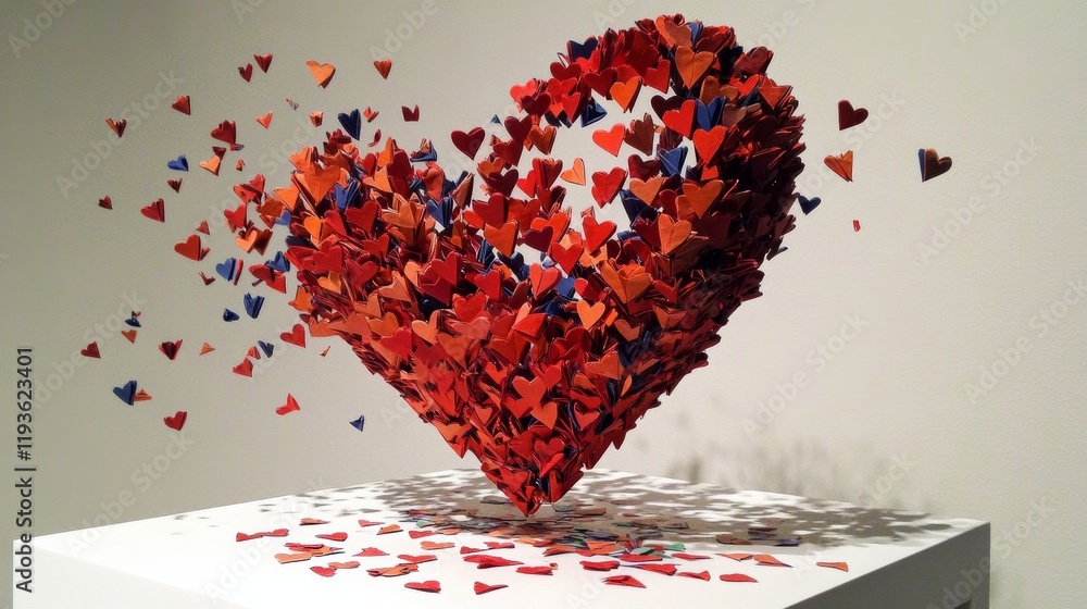 Poster origami explosion of a folded paper heart with smaller hearts in varying patterns hovering in the ai