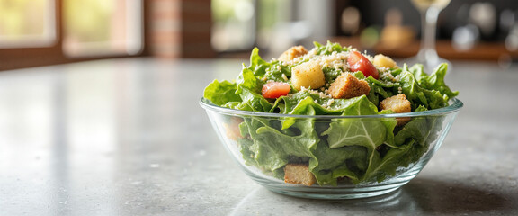 Fresh green salad with croutons and tomatoes presenting a healthy lifestyle in a bright and airy kitchen ambiance