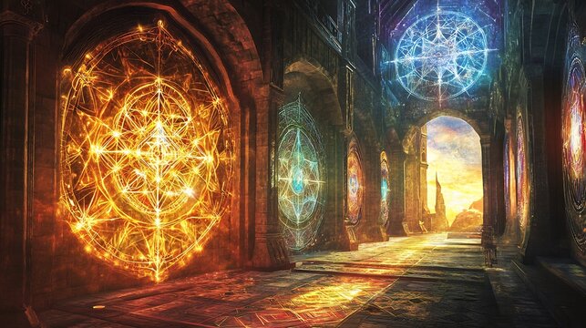 Artistic depiction of sacred architecture showcasing intricate stained glass designs infused glowing sacred geometric patterns