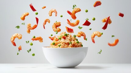 Vibrant Shrimp Fried Rice with Fresh Ingredients Flying in the Air, Showcasing a Colorful and Appetizing Culinary Experience for Food Lovers and Chefs