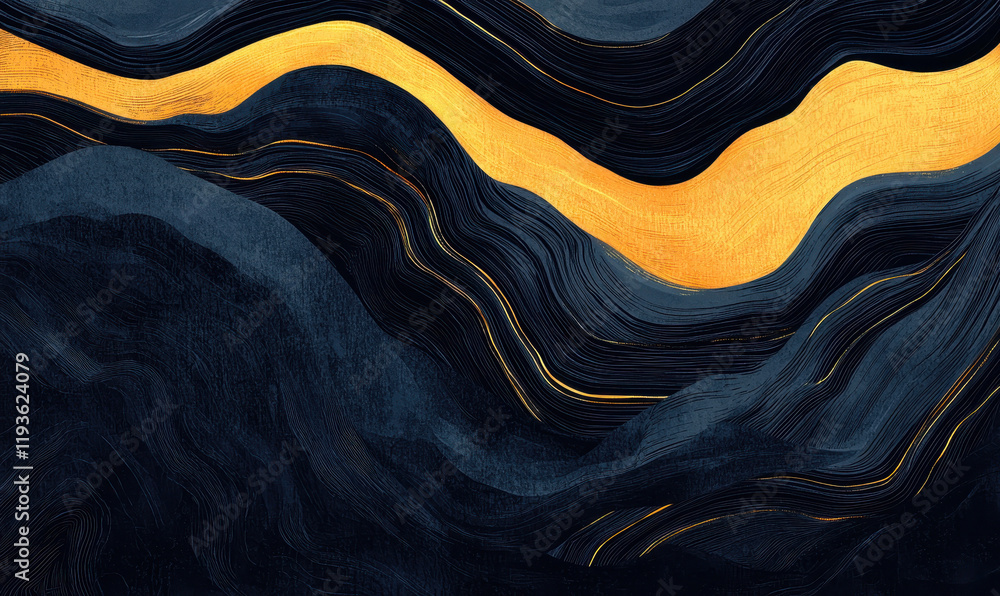 Poster vibrant abstract art with golden waves creating a dynamic visual experience through contrasting text