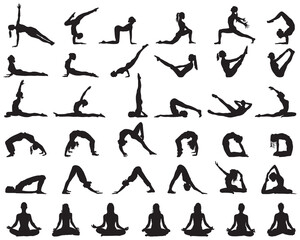 Black silhouettes of yoga on a white background
