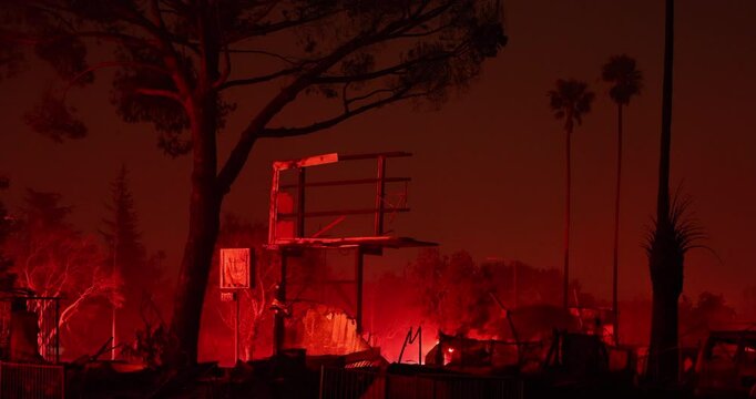 Altadena, California, USA - January 8, 2025: Aided by extreme Santa Ana Winds, the Eaton Fire destroys downtown Altadena.