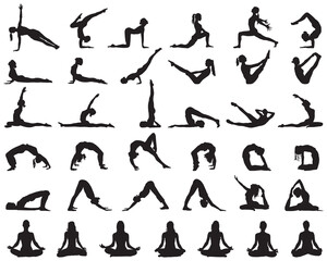 Black silhouettes of yoga on a white background