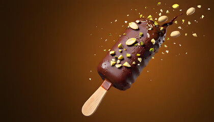 chocolate ice cream bar floating in air with crushed nuts around it like professional ad shot