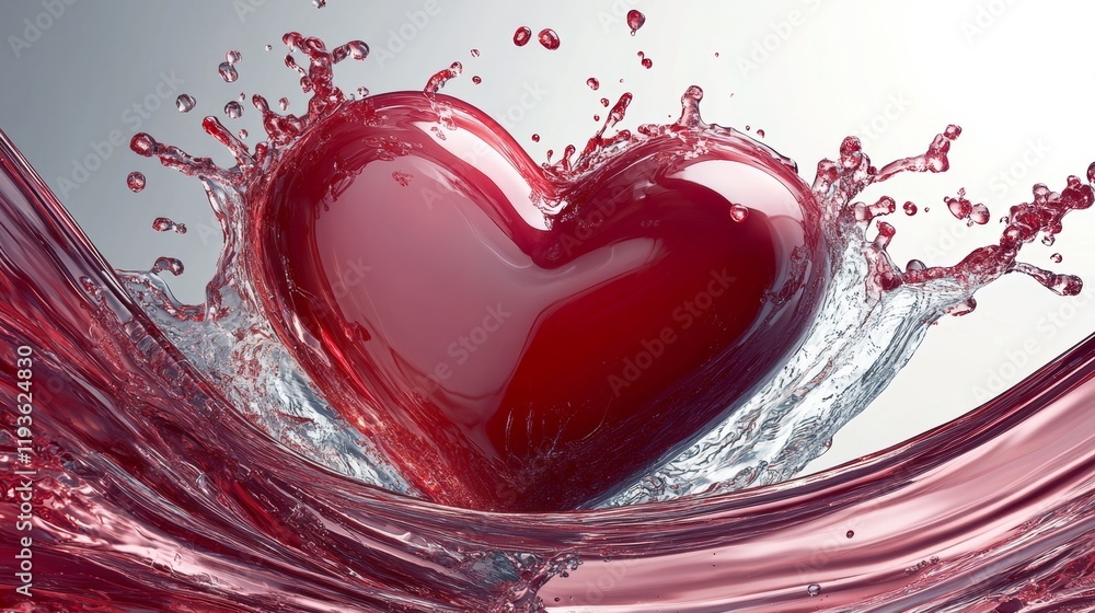 Poster dynamic red liquid splashes upward to create an eye-catching heart shape against a subtle background