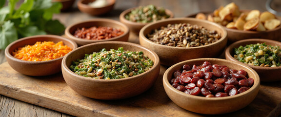 Fototapeta premium Buddha Bowls with colorful ingredients in wooden bowls conveying freshness and health on a rustic wooden table garnished with greenery