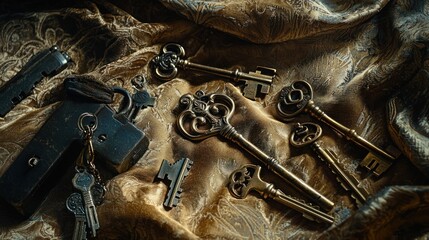 Antique keys and lock on golden fabric.