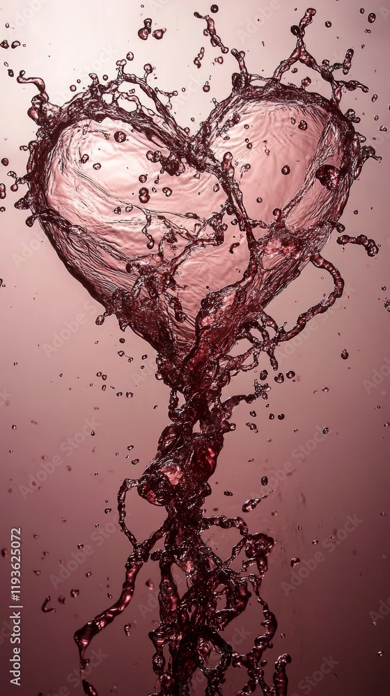 Poster dynamic red liquid splashes upward forming a heart shape against a soft background