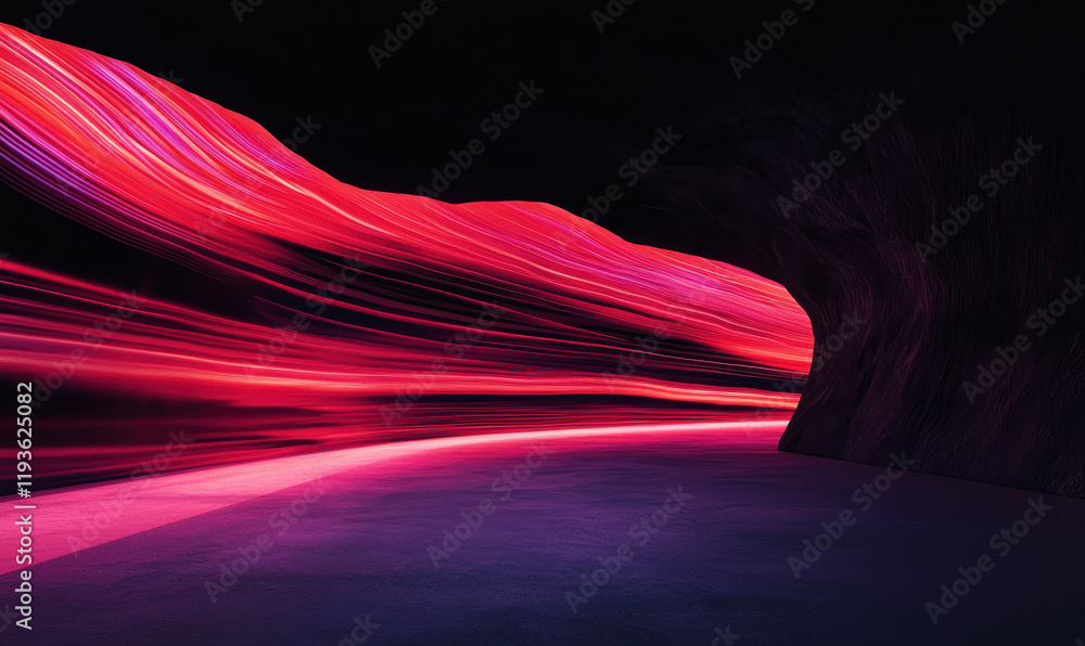 Poster futuristic digital pathway with glowing neon red waves and dynamic abstract design in tunnel setting