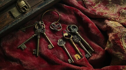 Antique keys on velvet cloth near wooden box.