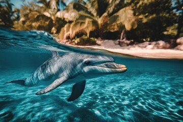 Enchanting Dolphin Swimming Gracefully Through Crystal Clear Tropical Waters Surrounded by Lush Green Palm Trees and Sandy Beach Paradise