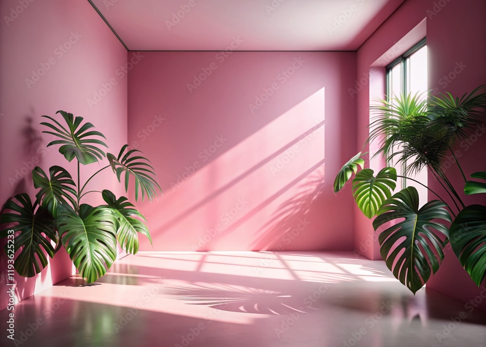 Wall mural Minimalist Pink Studio Interior with Tropical Leaf Shadows and Soft Light - Stock Photo