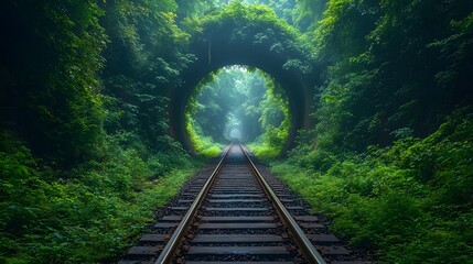 train track winds through a lush, green forest, where the branches of trees arch overhead, creating a series of natural tunnels