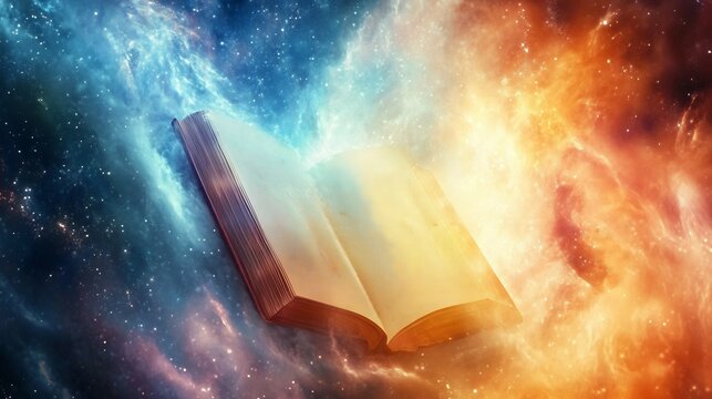 Celestial imagery featuring sacred holy book bathed in divine light vibrant spiritual energy and intricate sacred patterns