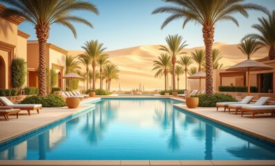 Serene desert resort with palm trees