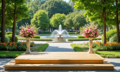 Beautiful garden with vibrant flowers and fountain.