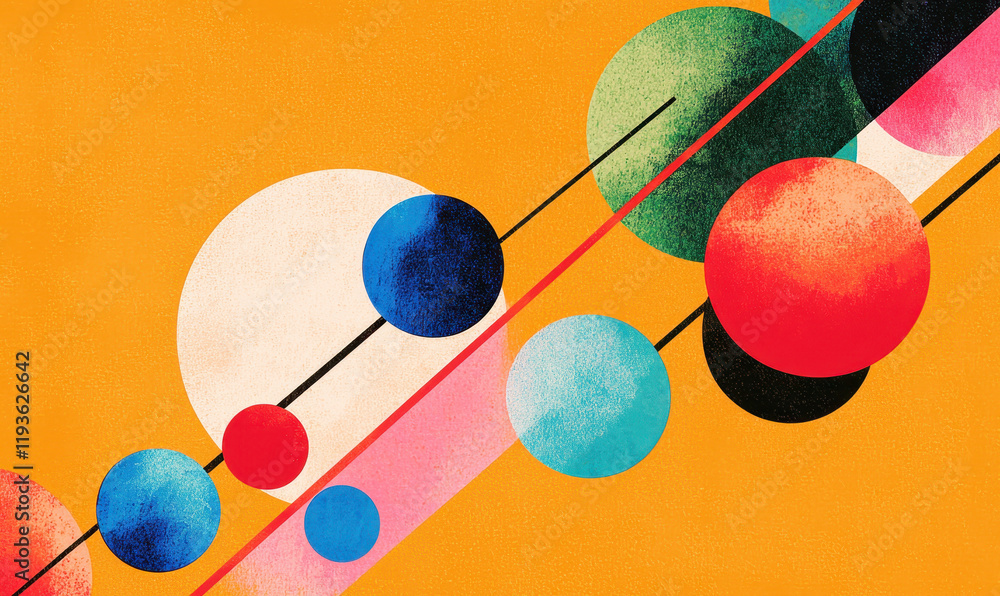 Poster dynamic geometric art with vibrant circles and abstract patterns in bold colors and modern aesthetic