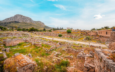 archaeological site of Ancient Corinth built in the slopes of Acrocorinth, Peloponnese, Greece