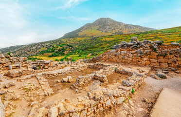 The archaeological site of Mycenae with ancient tombs, giant walls and lions gate, Peloponnese,...