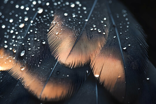 Delicate water droplets resting on a birda??s feather in soft focus