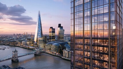 London cityscape at sunset, showcasing modern architecture, river, and iconic landmarks.