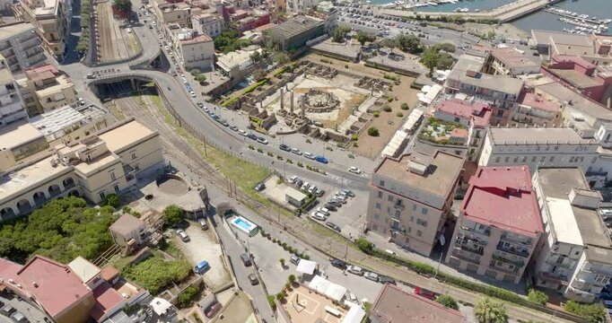 Aerial view the Macellum of Pozzuoli, near Naples, Italy. It was market building of the Roman colony of Puteoli. It was mistakenly known as the Temple of Serapis.