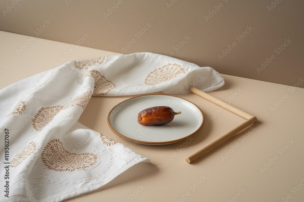 Poster a single date on a plate with patterned cloth