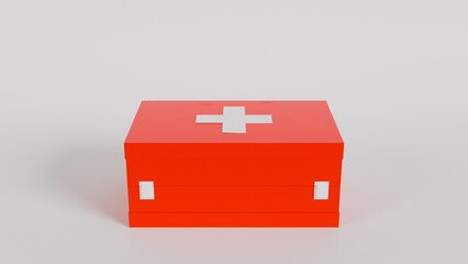 3d rendering of a red first aid kit with a white cross, lying horizontally and isolated on a clean white background. Ideal for medical infographics, healthcare and emergency materials.