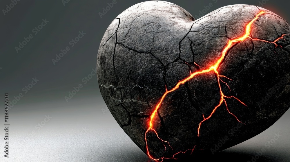 Poster polished black obsidian heart with glowing red lava veins indicating deep cracks and an intriguing t