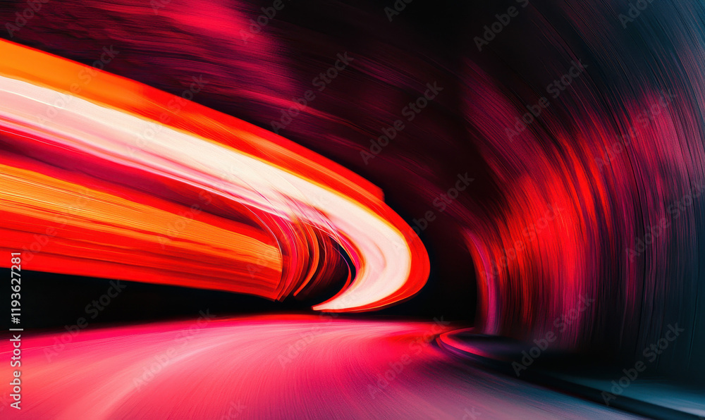 Poster dynamic red tunnel light streaks capturing speed and motion in vibrant transport scene