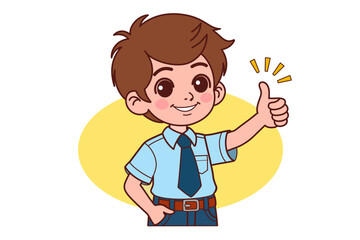 A schoolboy raise thumb up give feedback. Cartoon People Vector Illustration.