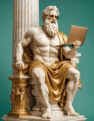 3D illustration of the Greek god Zeus working on his laptop, solid color background