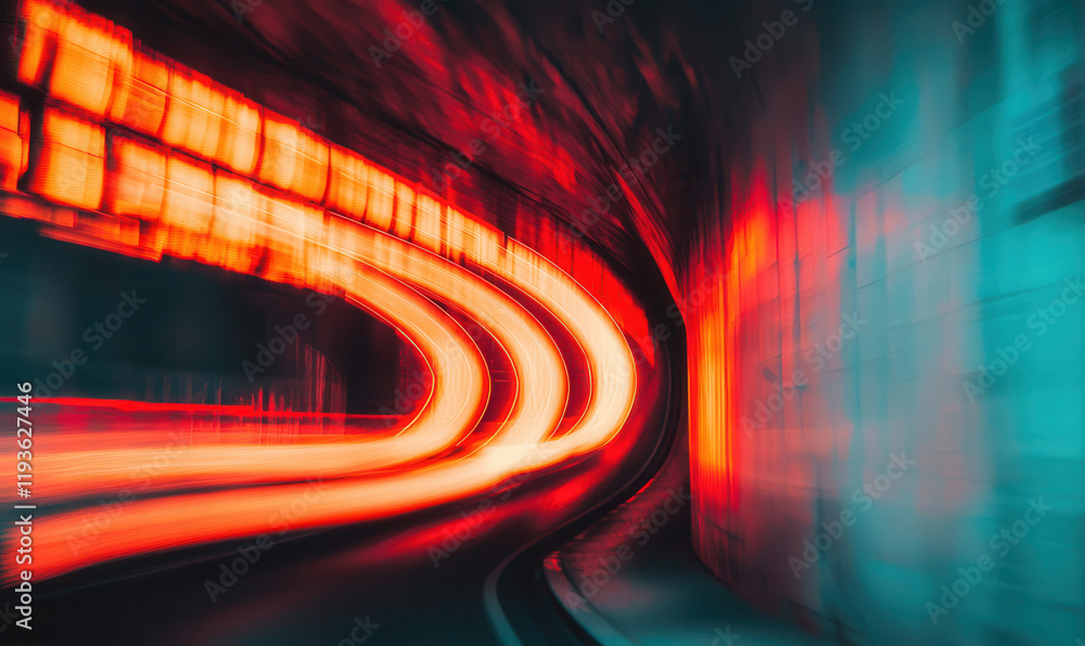 Poster dynamic blurred motion in urban tunnel: capturing neon lights and speed in a nighttime cityscape for