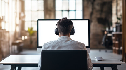 A man facing his computer in the office, seen from behind, blank white screen.