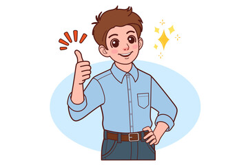 Like. Happy young man raises thumbs up agrees with something or gives positive reply recommends advertisement good. 