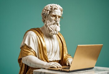 3D illustration of the Greek god Zeus working on his laptop, solid color background