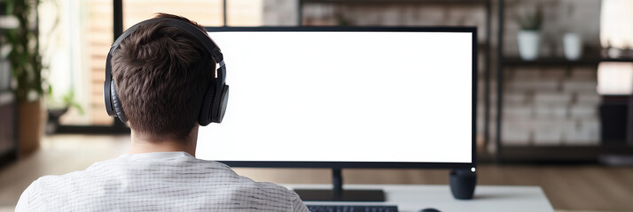 Young man with headphones sitting at a computer, blank display visible from behind.