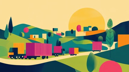 Colorful Landscape with Trucks and Shipping Containers at Sunset, Vibrant Illustration of Transportation and Logistics in a Scenic Setting