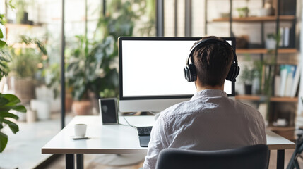 Close-up of a young man in headphones at a desk with an empty computer screen, person working in office. 