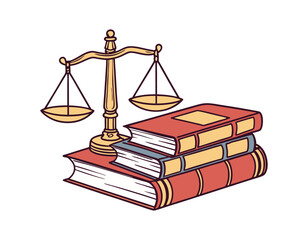 illustration of a stack of law books with a golden balance scale on top, symbolizing justice and legal knowledge. perfect for legal, educational, or academic content