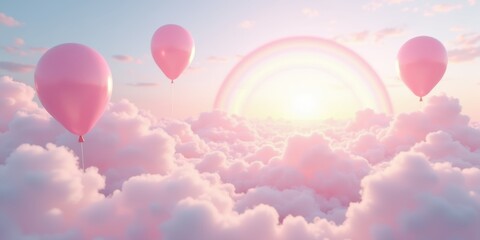 Fototapeta premium A dreamy landscape featuring pink balloons floating above fluffy clouds with a soft rainbow in the background, evoking a sense of whimsy and joy.