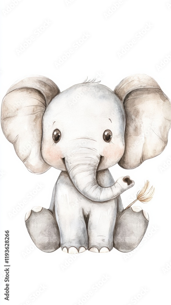Poster cute illustration of a baby elephant sitting with a playful expression in a simple background. gener