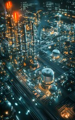 A visual representation of energy infrastructure with gas pipelines, storage tanks, and stock price boards, combined with futuristic power plants