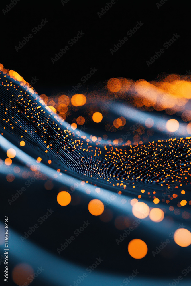 Poster dynamic abstract tech wave with glowing orange and blue bokeh lights illustration