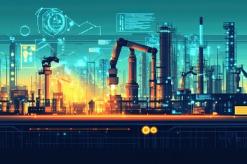 Futuristic Industrial Landscape with Advanced Robotics and Automation Technology Illuminated by Sunrise in a Modern Manufacturing Environment