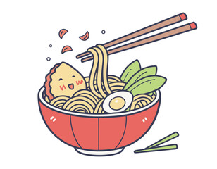 cute cartoon bowl of ramen with chopsticks, featuring noodles, egg, vegetables, and a smiling dumpling. perfect for food-related content or asian cuisine themes.