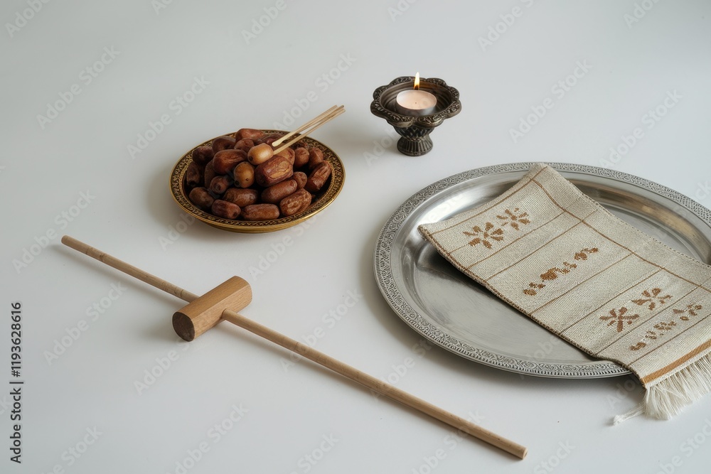 Poster elegant table setting featuring dates and ornate dishes